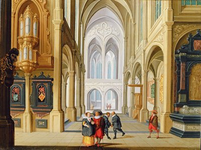 Elegant Figures in a Gothic Church by Dirck van Deelen